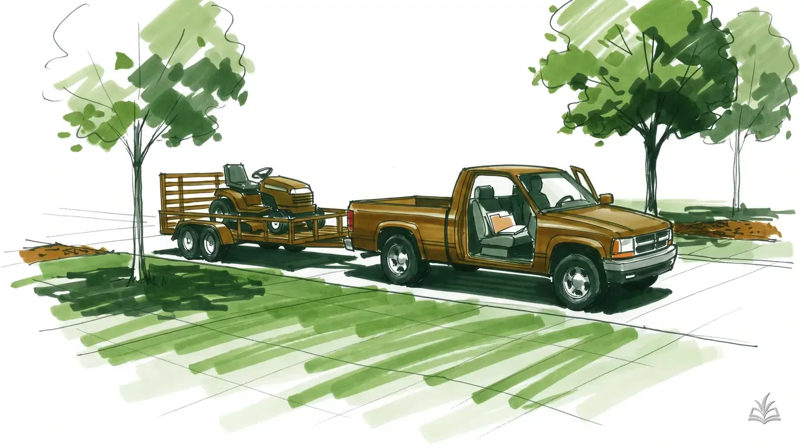 Marker rendering of a truck and trailer with a mower and a folder on the seat