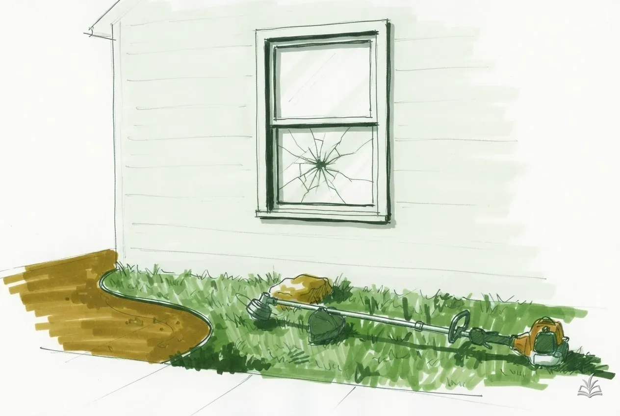 Marker vignette of a cracked window pane above a trimmer on the grass