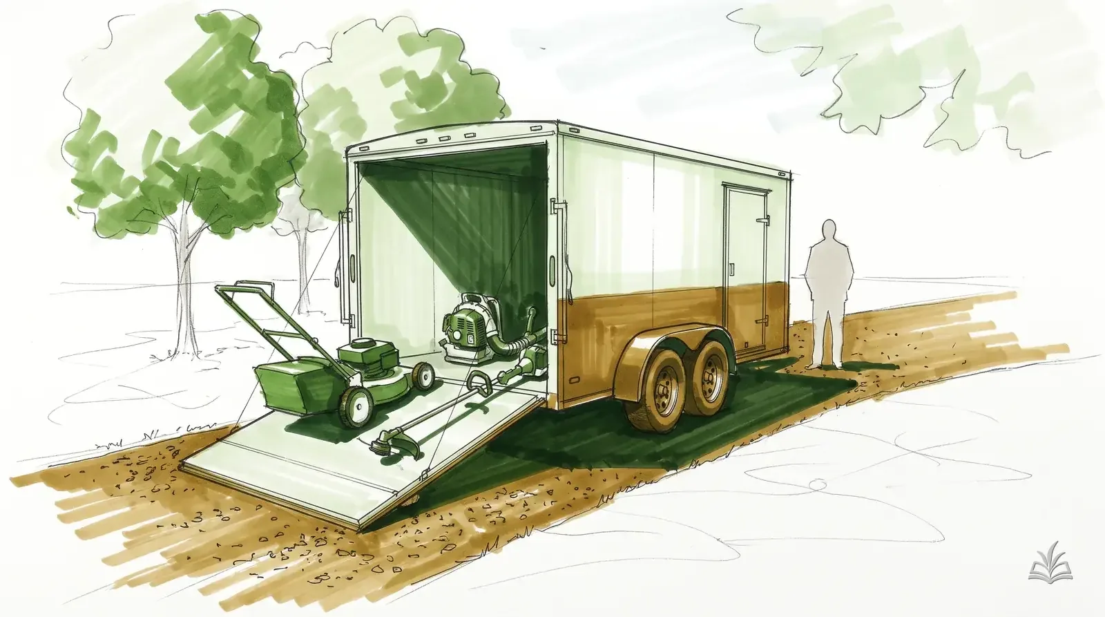 Marker rendering of a trailer loaded with a mower, trimmer and backpack blower