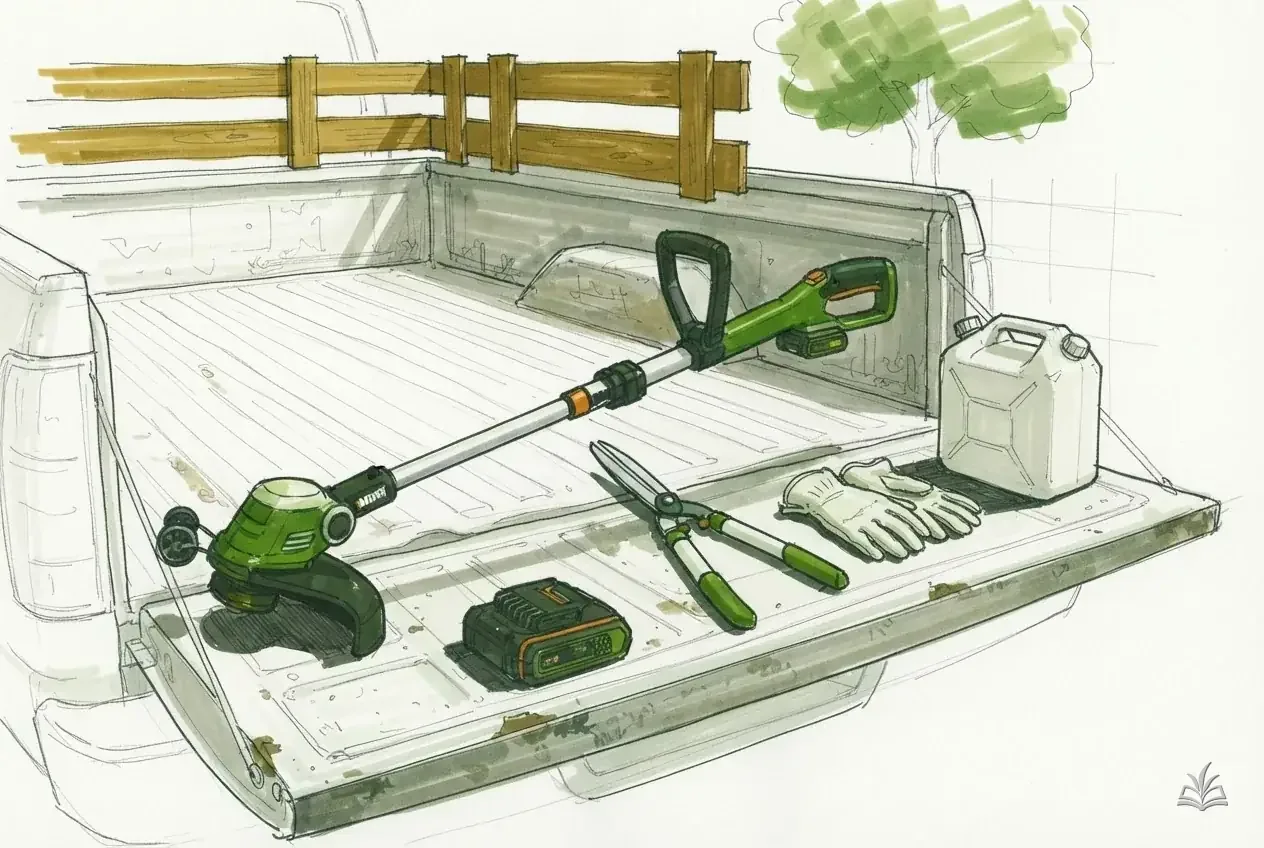Marker vignette of a trimmer, shears, gloves and a fuel can on a tailgate