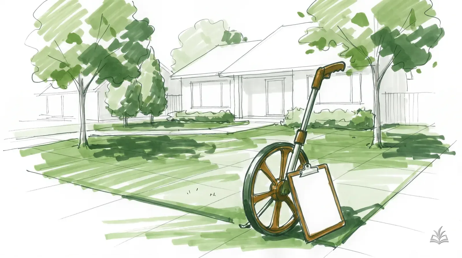 Marker rendering of a front yard from the street with a measuring wheel and clipboard