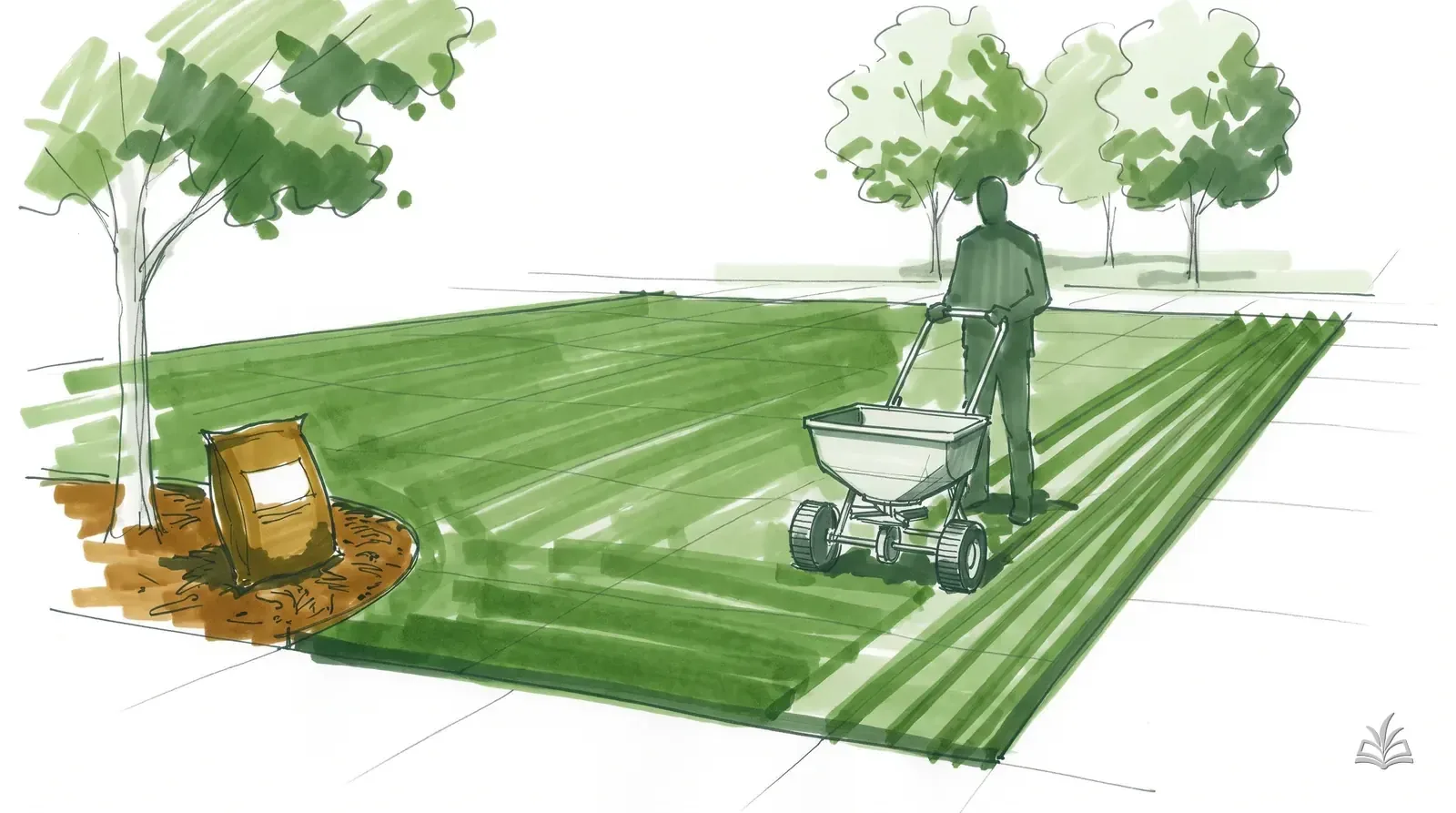 Marker rendering of a broadcast spreader crossing a green lawn