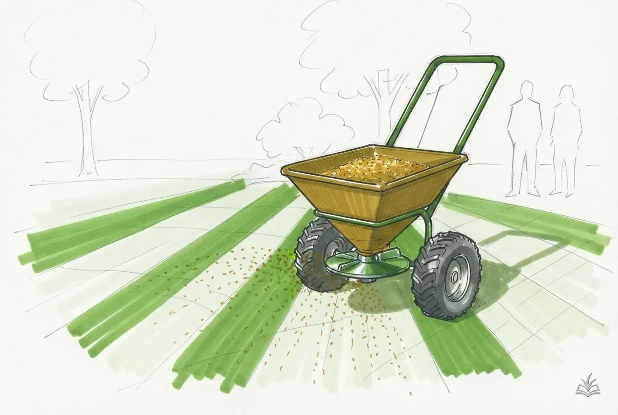Marker rendering of a walk-behind broadcast spreader throwing a fan of granules across a lawn
