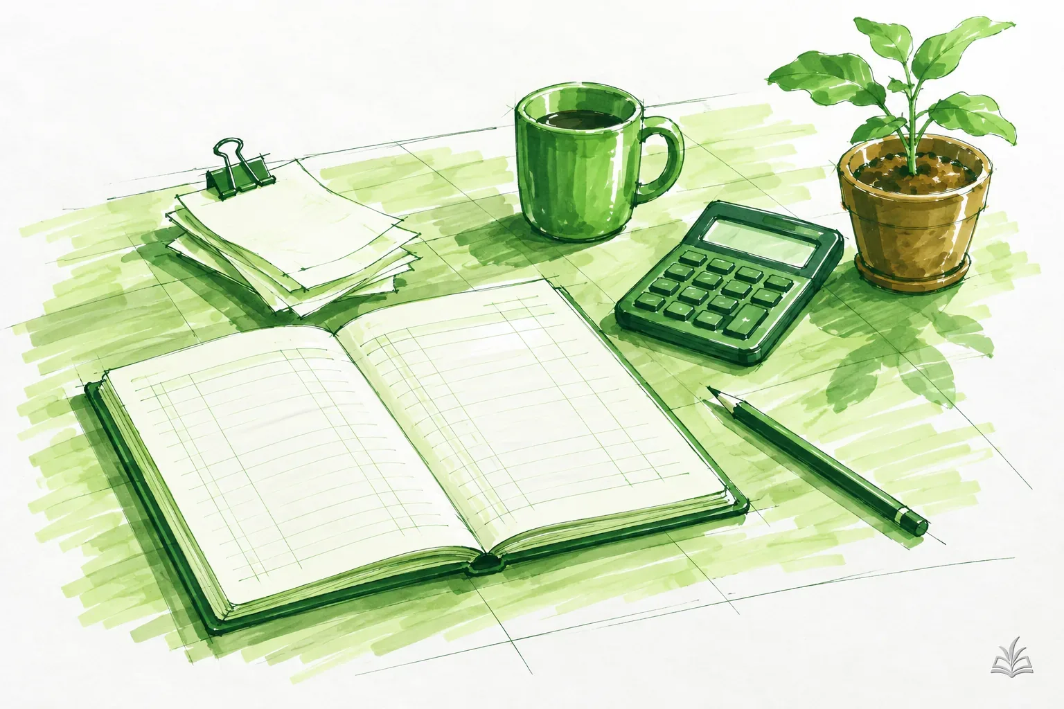 Marker vignette of an office desk with an open ledger, a clipped stack of receipts, a calculator and a potted seedling