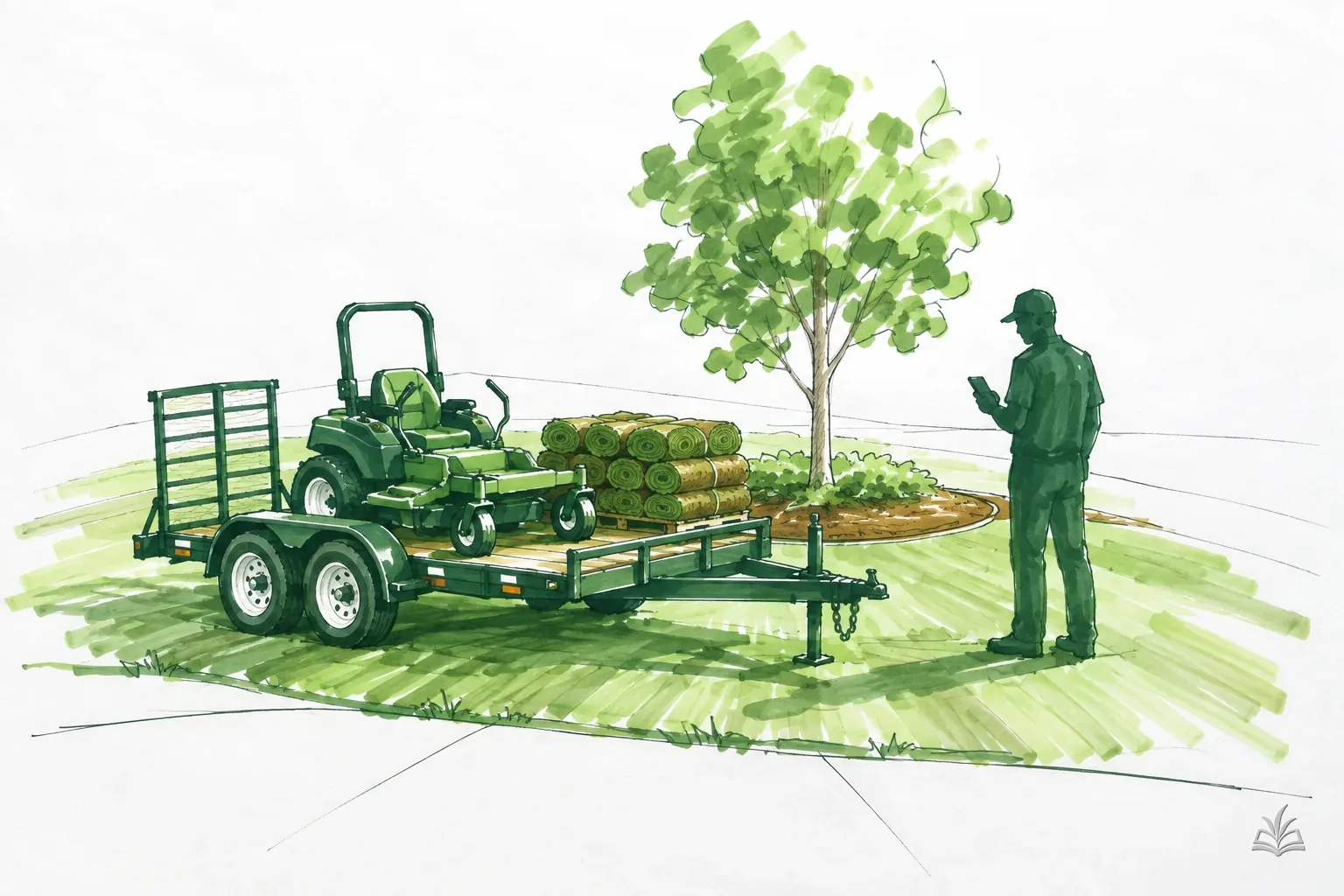 Marker vignette of a crew member holding a phone beside a trailer with a mower and sod rolls at the job site