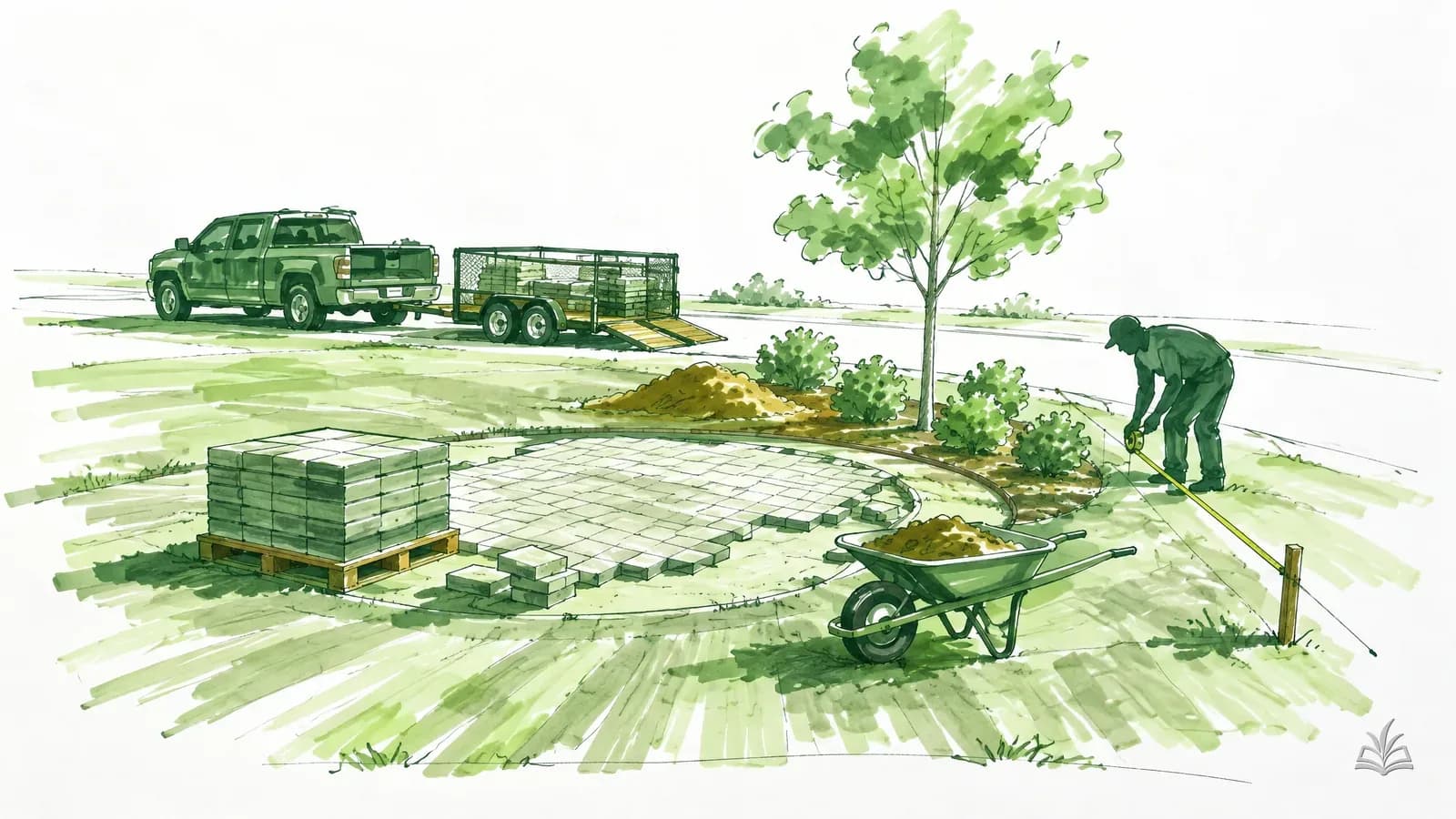Marker rendering of a design-build job in progress: a half-laid paver patio, a new planting bed, a wheelbarrow and a crew truck with its trailer at the curb