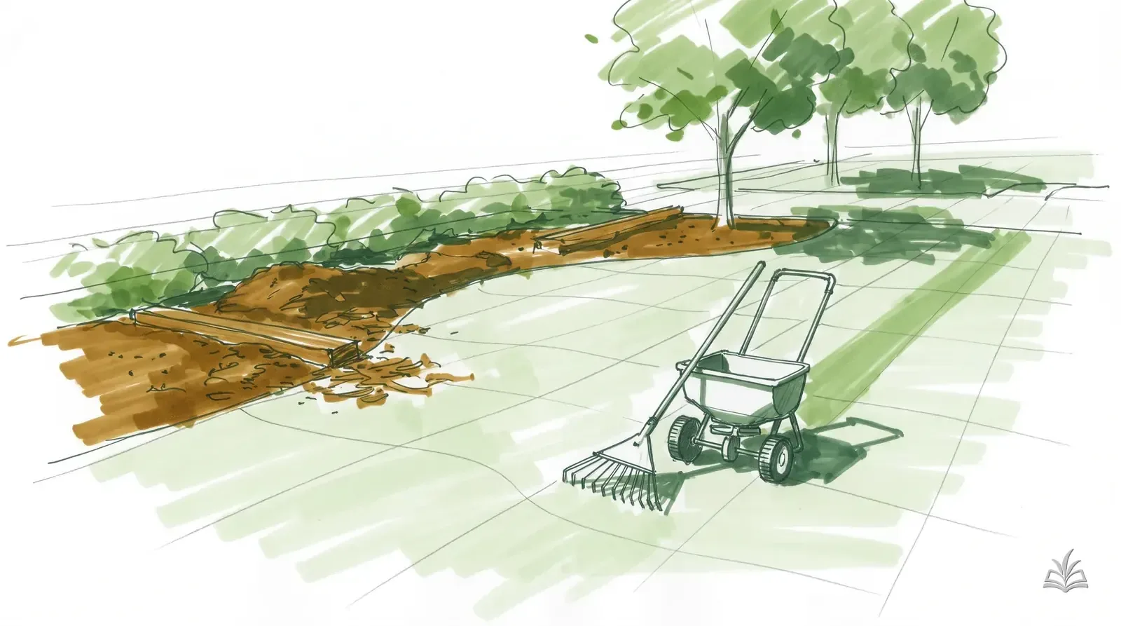 Marker rendering of an early spring lawn with a rake and a spreader