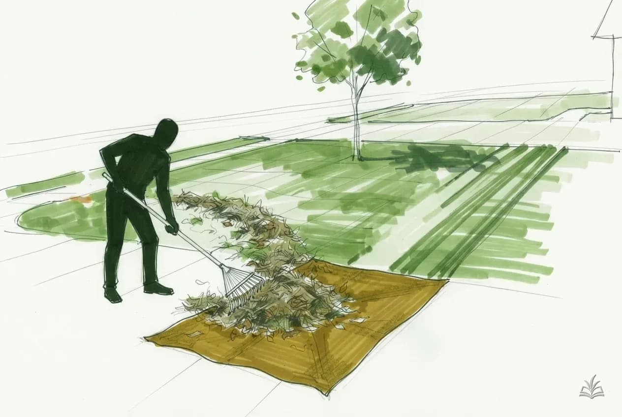 Marker vignette of a rake pulling winter debris off a lawn edge
