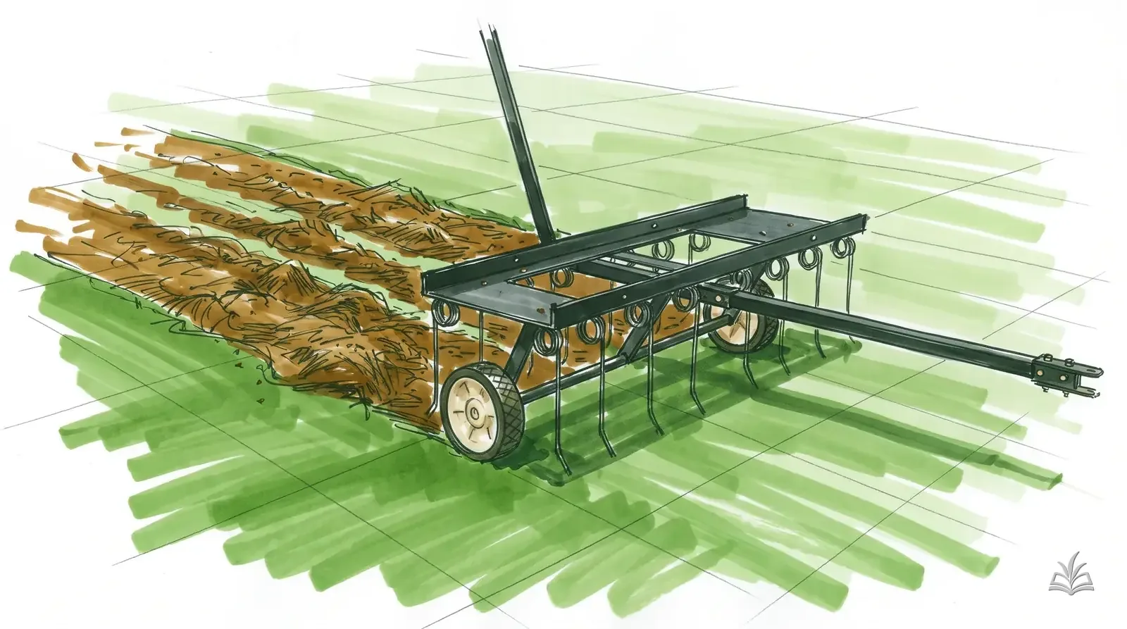 Marker rendering of a dethatcher on a lawn with rows of loosened thatch
