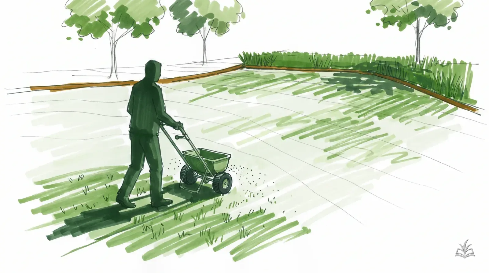 Marker rendering of a thin lawn being overseeded with a push spreader