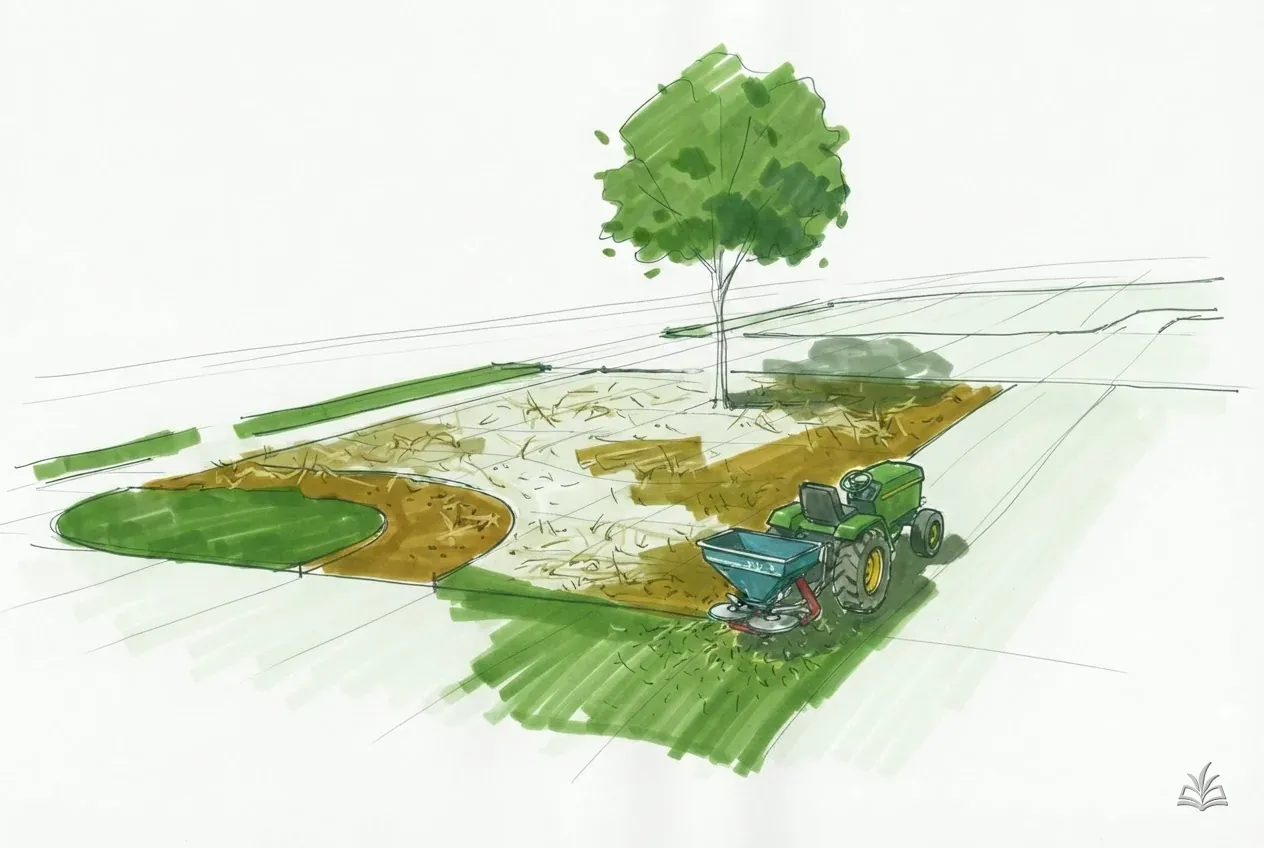 Marker vignette of seeded bare patches under a light straw cover