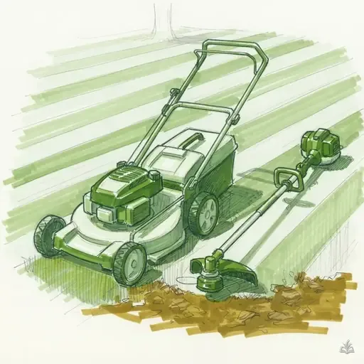 Marker vignette of a mower and trimmer on a striped lawn