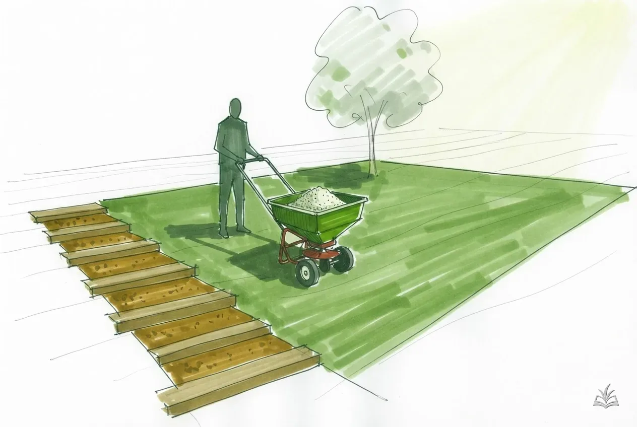 Marker vignette of a spreader hopper full of granular fertiliser on a lawn