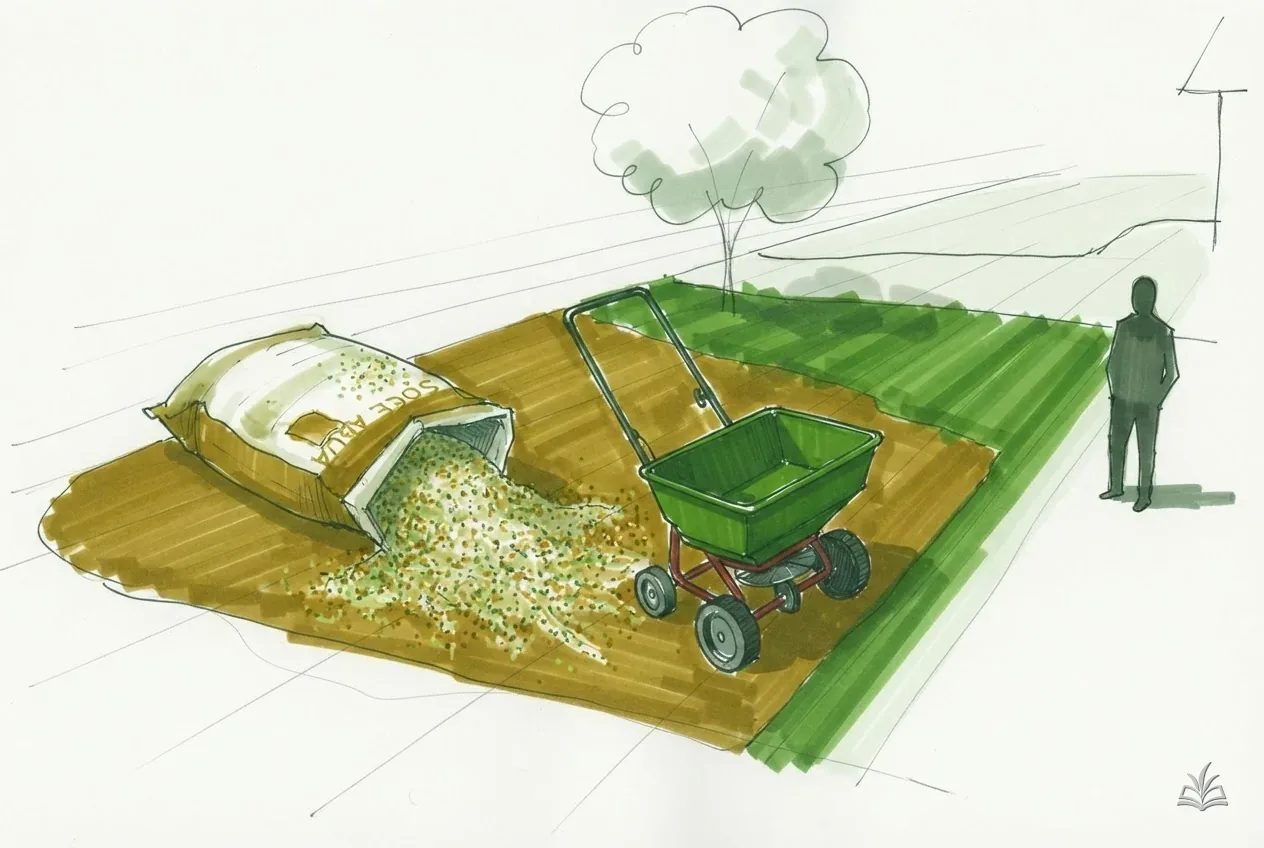 Marker vignette of grass seed being scooped beside a spreader on raked soil
