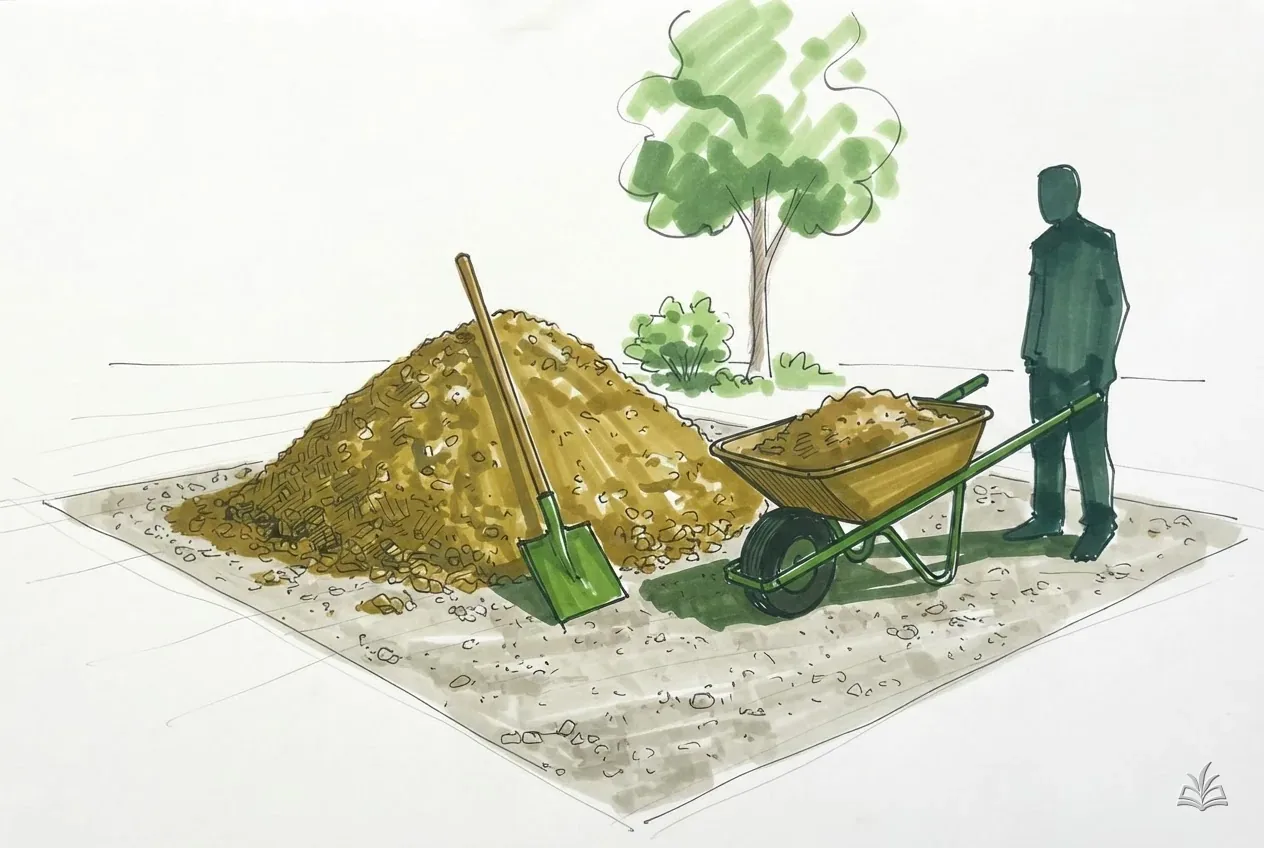 Marker vignette of a gravel pile, a wheelbarrow and a shovel