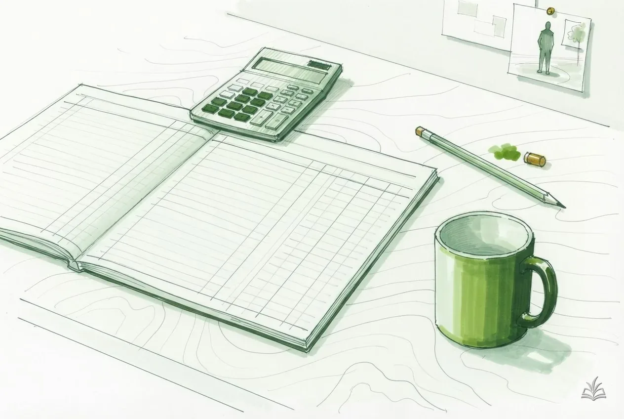 Marker vignette of a ledger sheet, calculator and mug on a desk