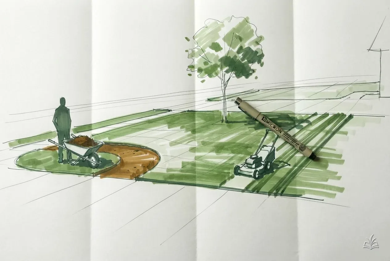 Marker vignette of a folded site plan held flat by a scale rule and pen