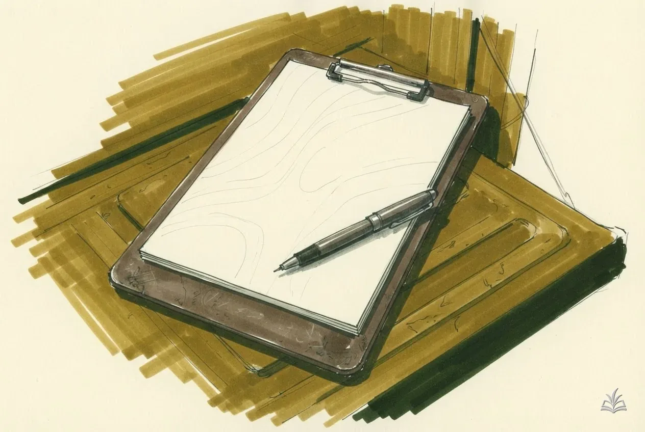Marker vignette of a clipboard of blank pages with a pen on a tailgate