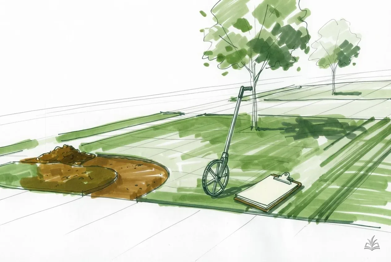 Marker vignette of a front yard with a measuring wheel and clipboard