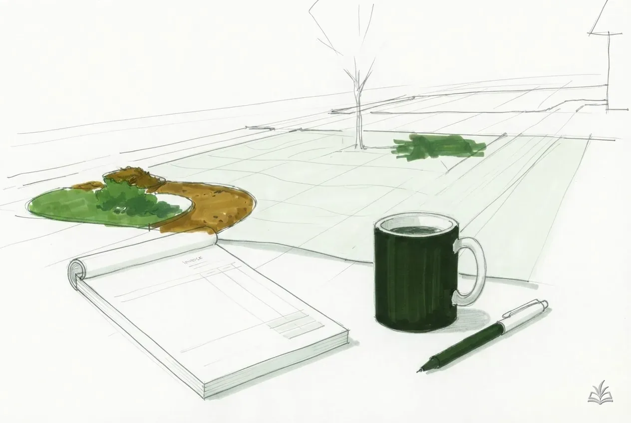 Marker vignette of a blank invoice pad, a pen and a mug on a desk