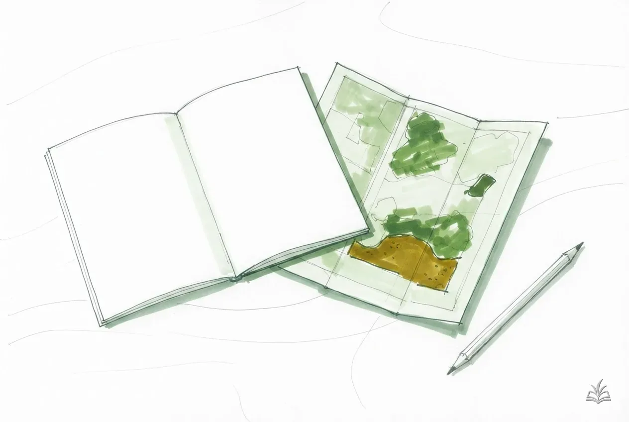 Marker vignette of a blank proposal booklet open beside a site plan