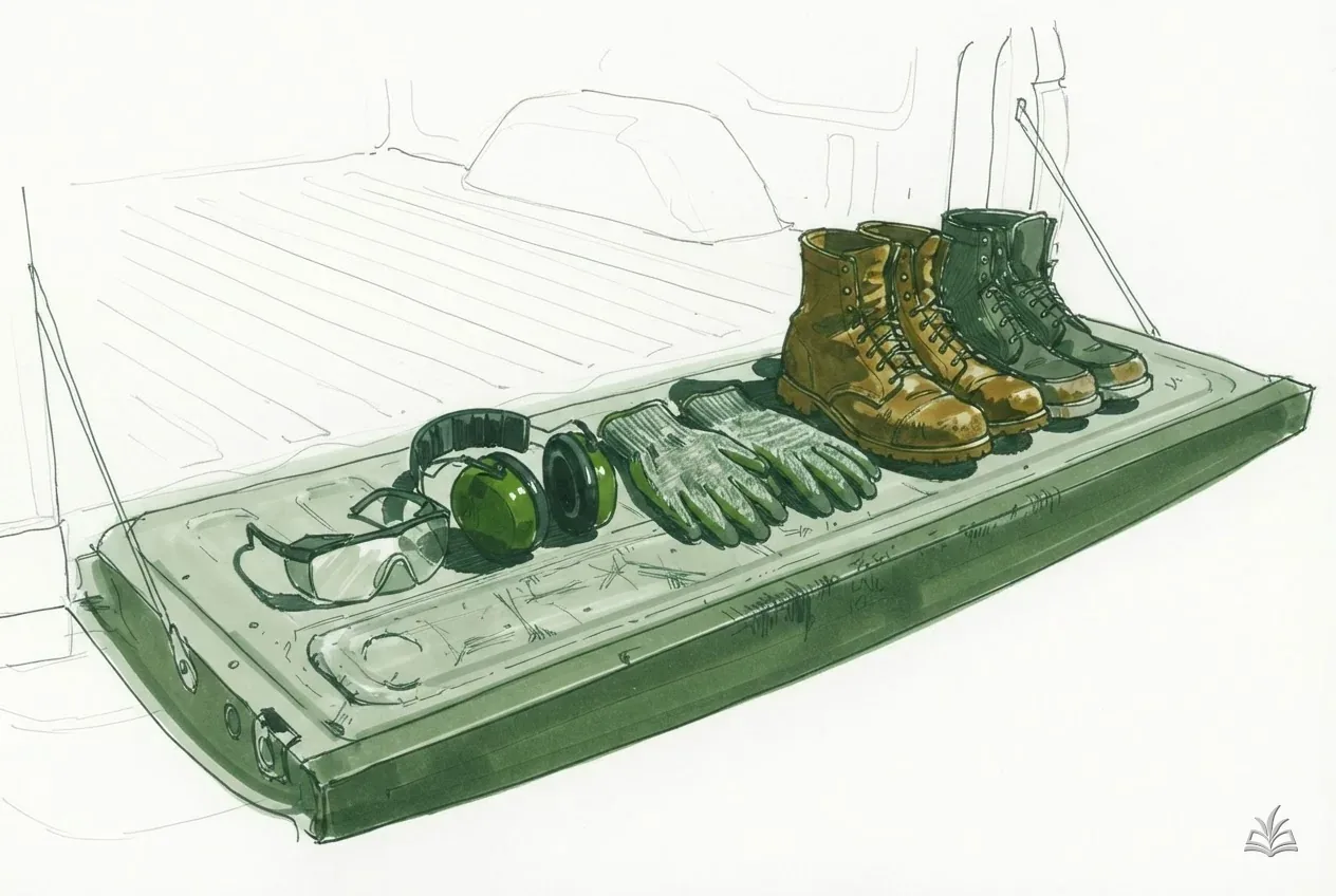 Marker vignette of safety glasses, ear defenders, gloves and boots on a tailgate