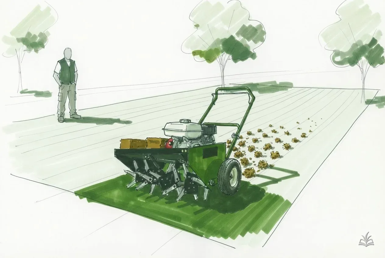 Marker vignette of a core aerator on a lawn with soil plugs