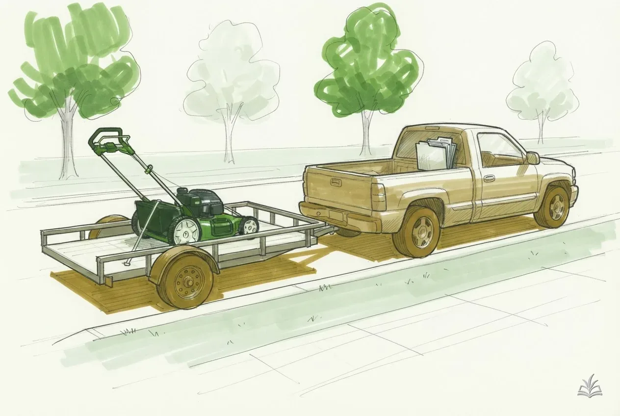 Marker vignette of a truck and trailer with a mower and a folder on the seat