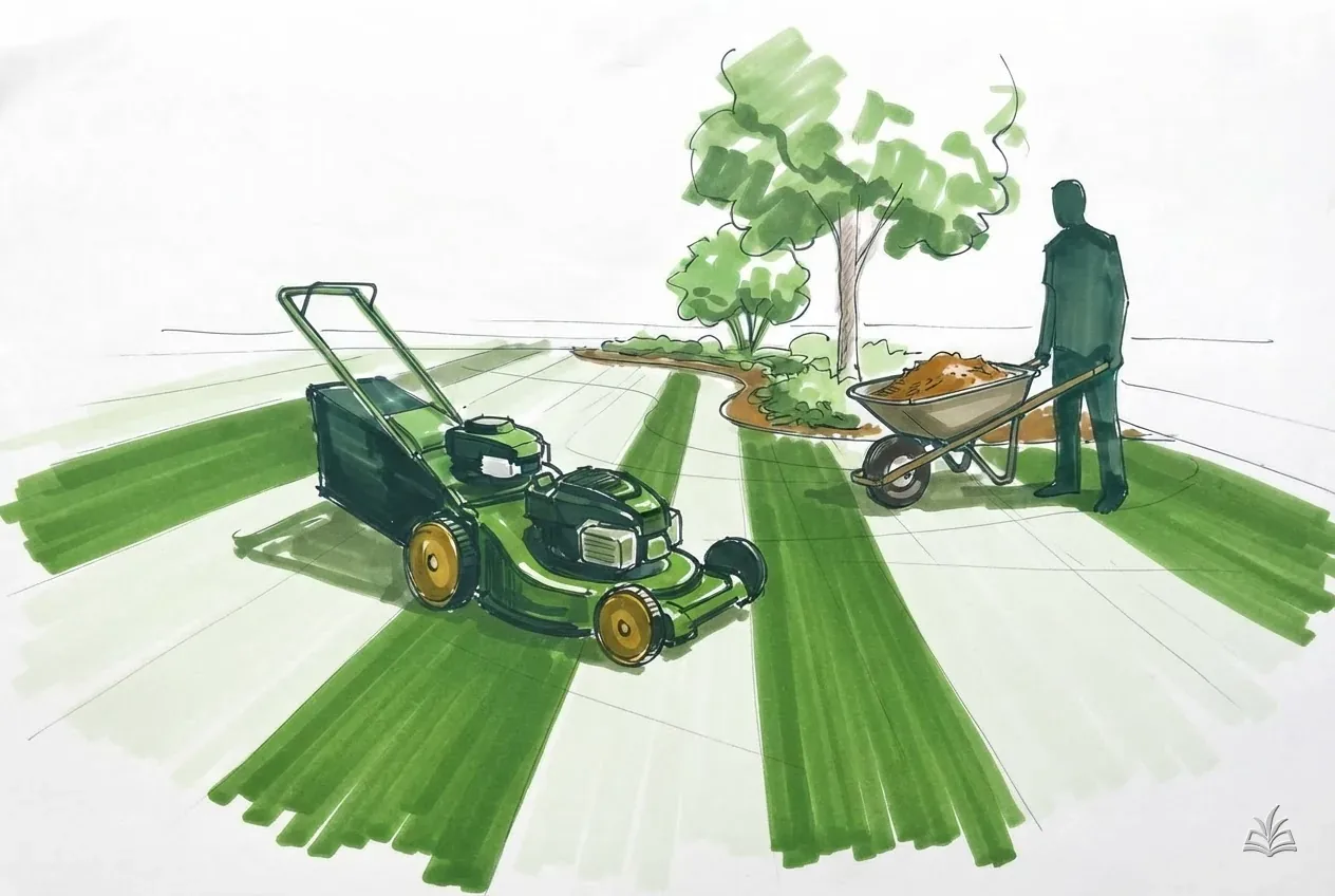 Marker vignette of a walk-behind mower on a striped front lawn
