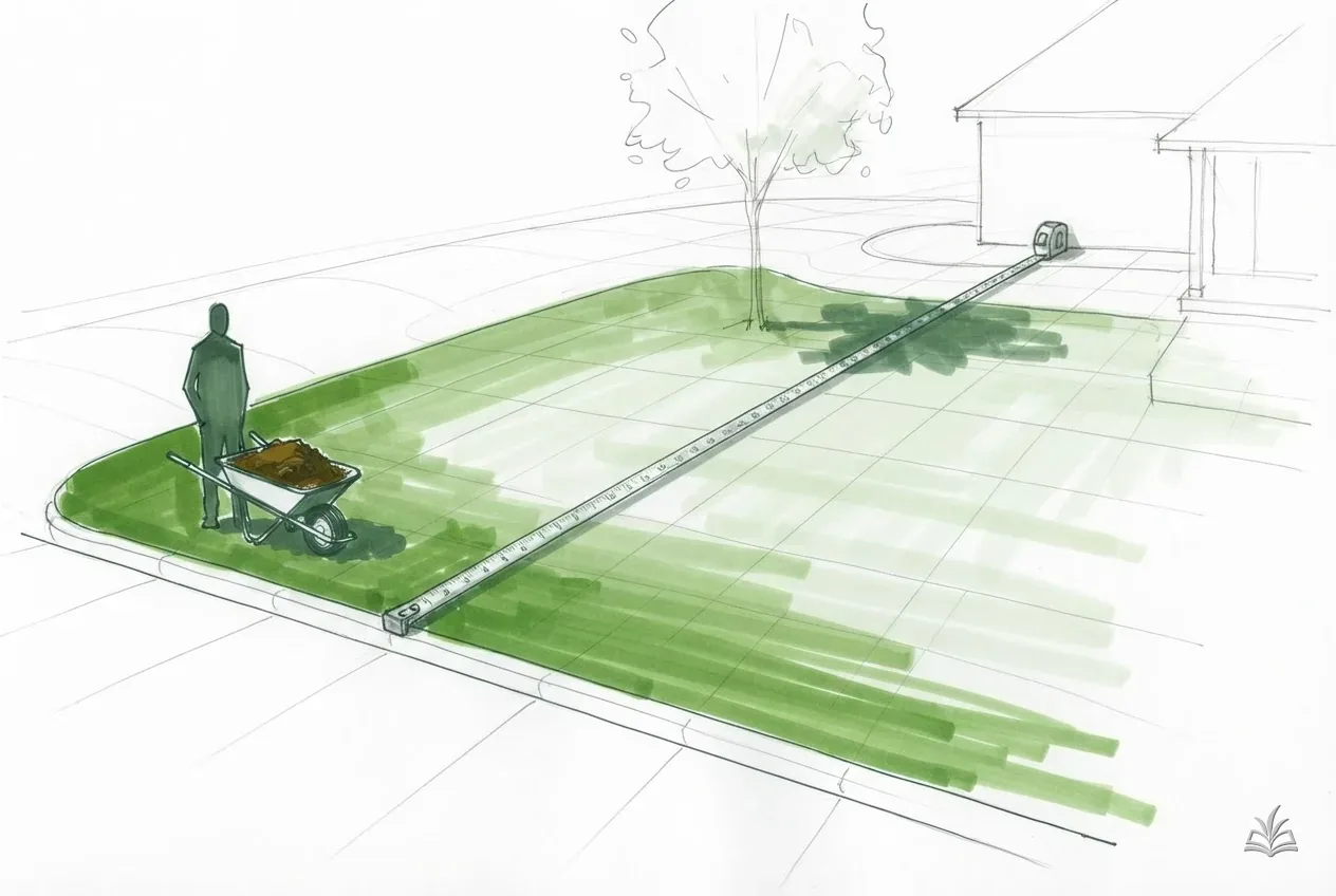 Marker vignette of a front yard with a tape stretched across the lawn