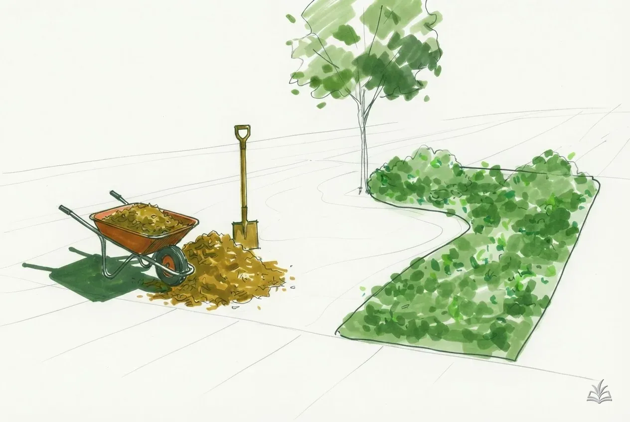 Marker vignette of a wheelbarrow of mulch beside a curved bed