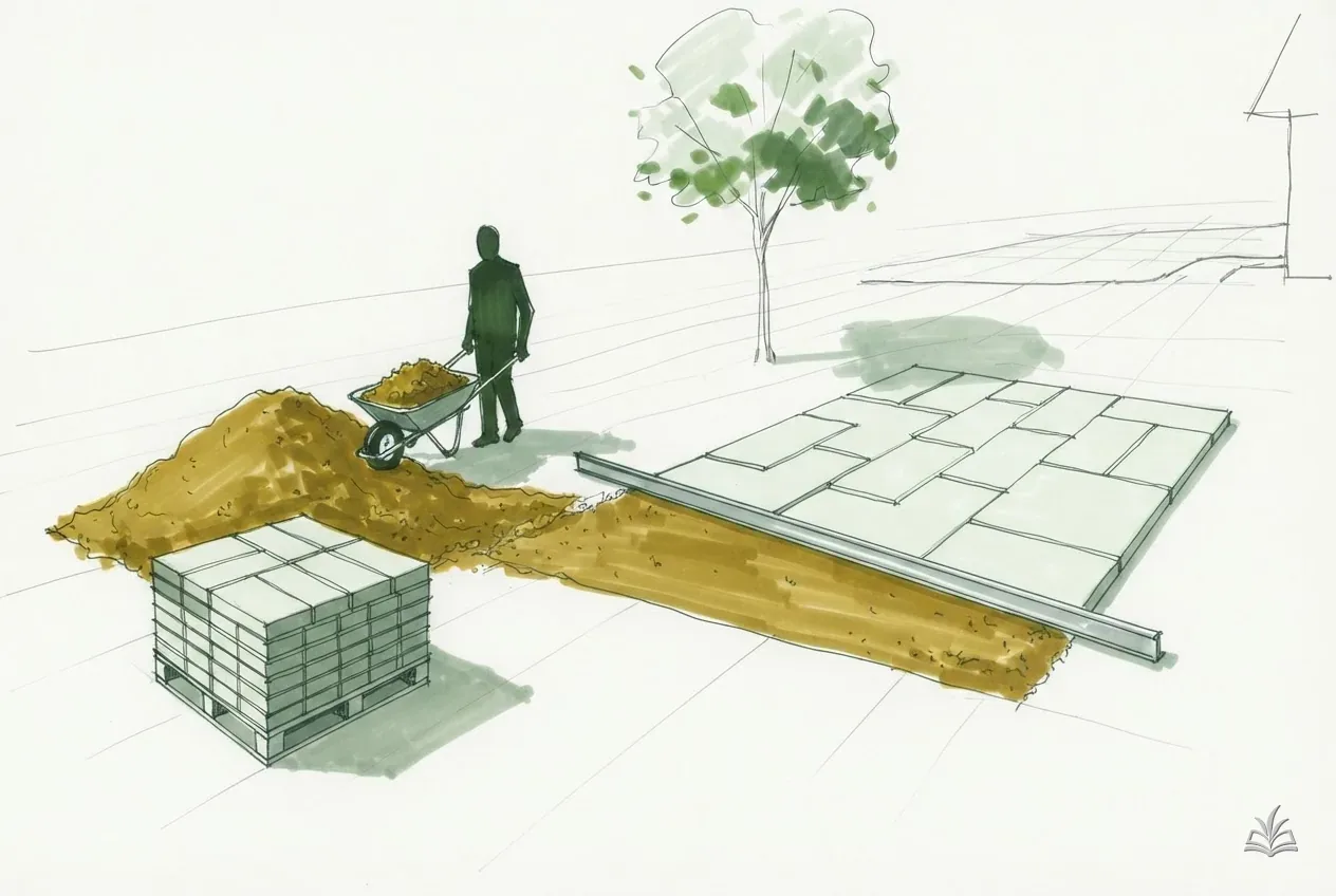 Marker vignette of stacked pavers beside a half-laid patio