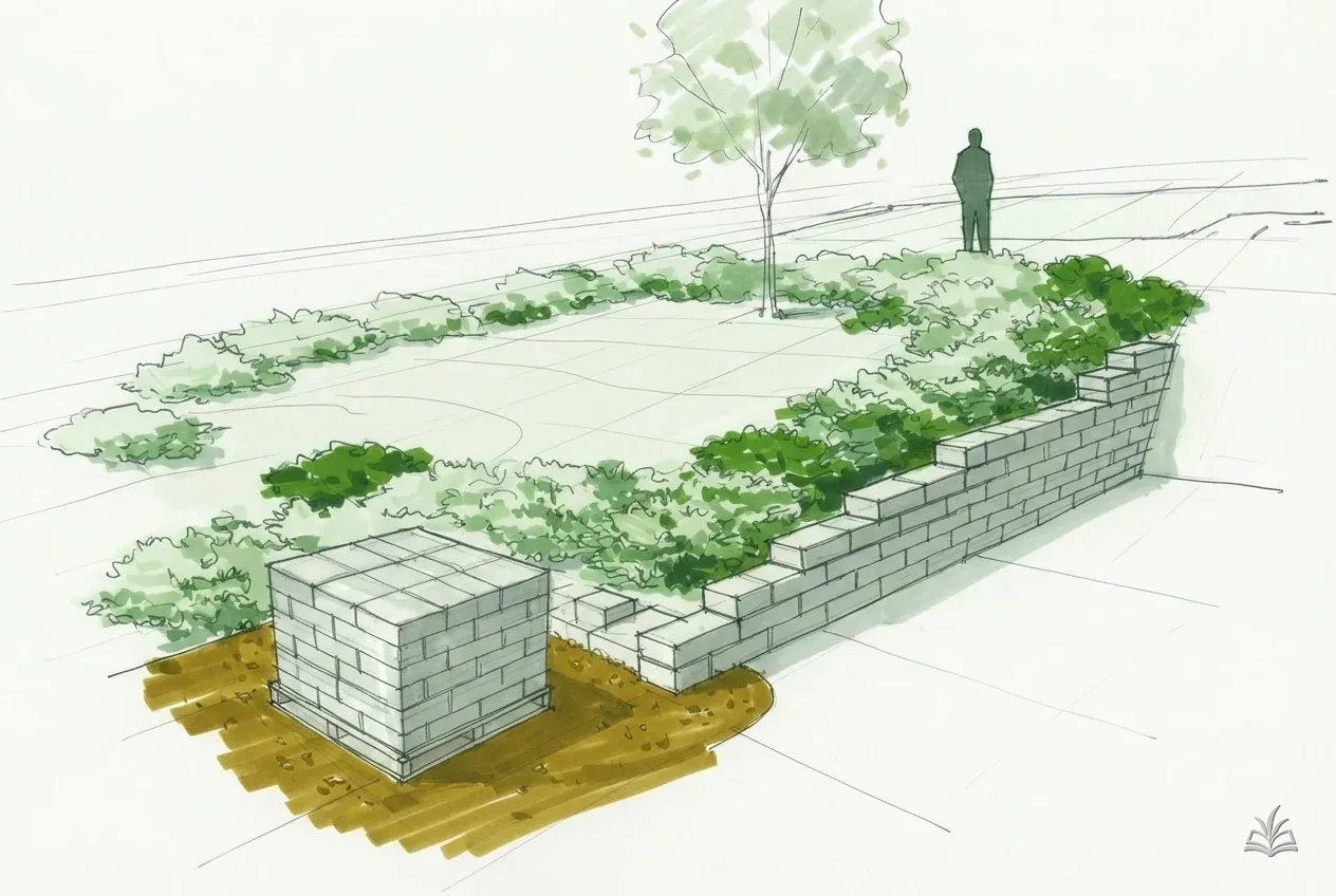 Marker vignette of stacked wall block beside a low wall under construction