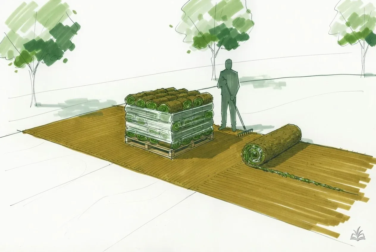 Marker vignette of a sod pallet beside a raked bed with one roll unrolled