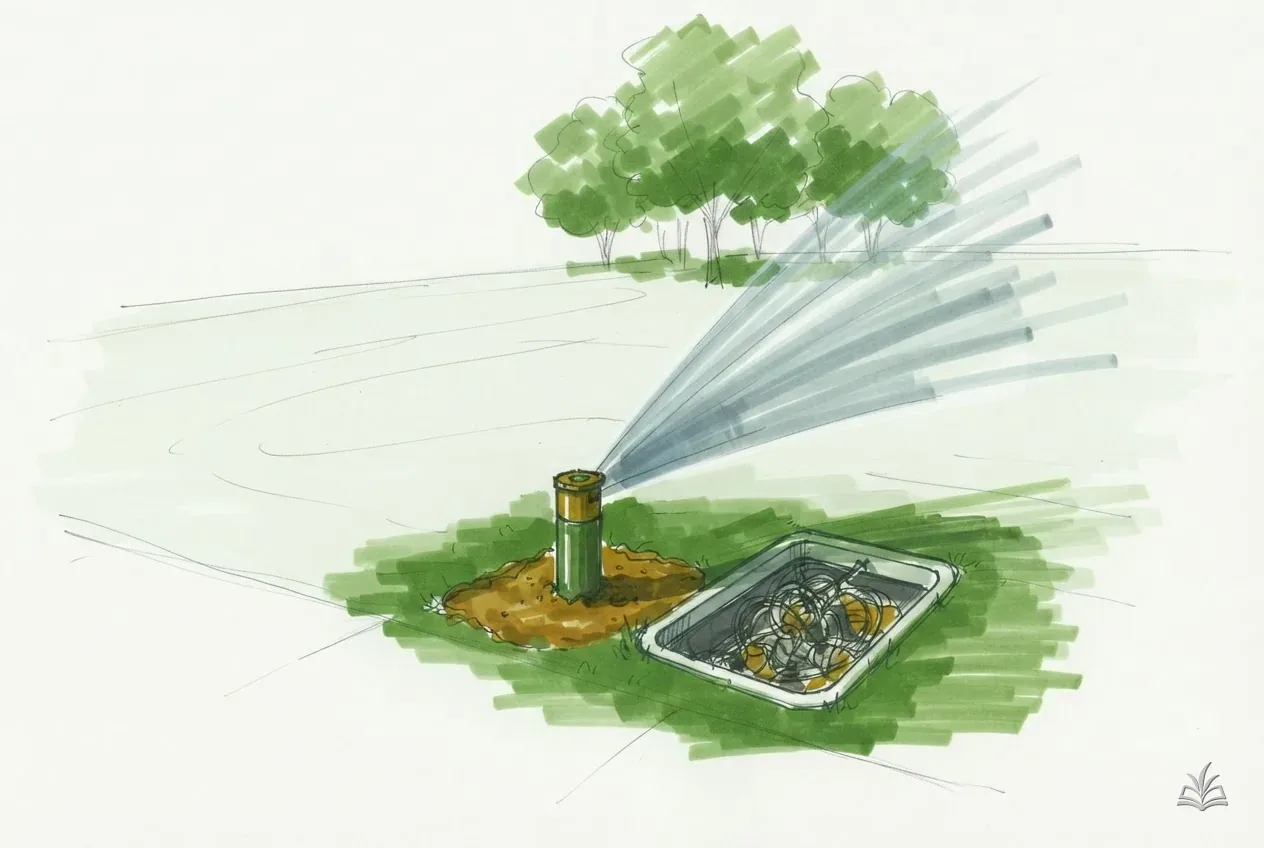 Marker vignette of a sprinkler head spraying beside an open valve box